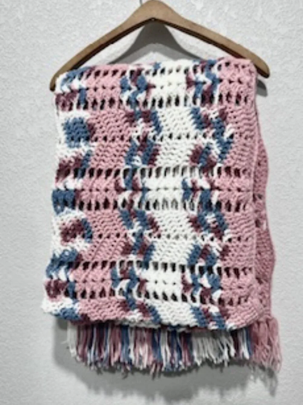 Handknit Crochet Afghan Throw Blanket Fringe Lacy Ripple Multicolor 45inx68in